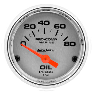 AutoMeter 200744-35 Autometer Marine Chrome Ultra-Lite 2-1/16in 80PSI Electric Oil Pressure Gauge