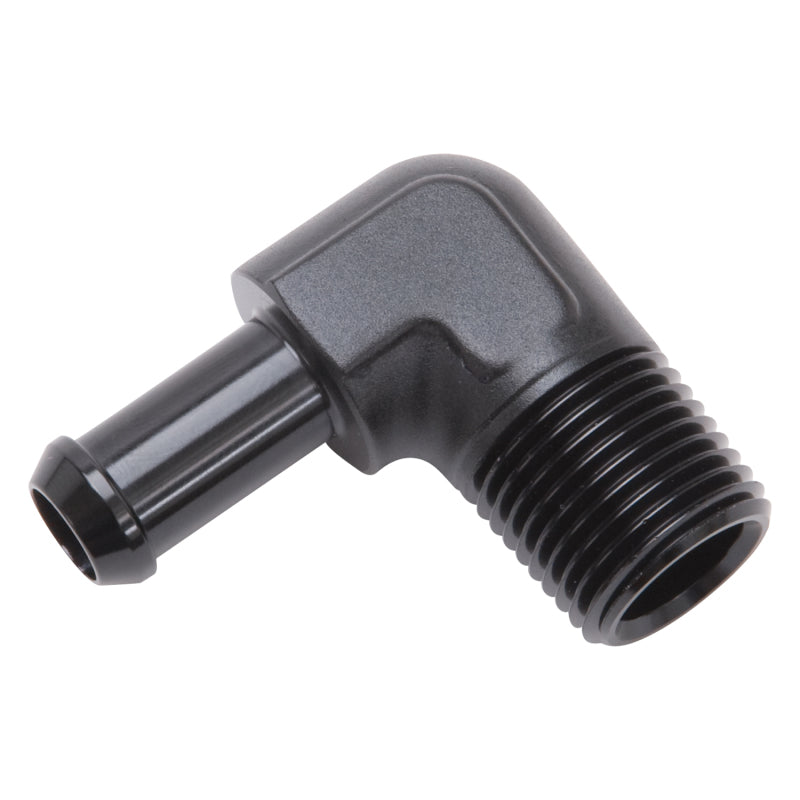 Edelbrock 8169 Hose End 90-Deg 1/2In NPT to 3/8In Barb Black Anodize