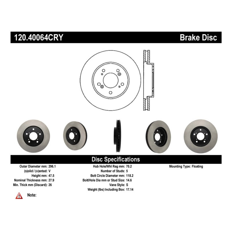 Stoptech 120.40064CRY 05-10 Honda Odyssey Front Cryo Rotor