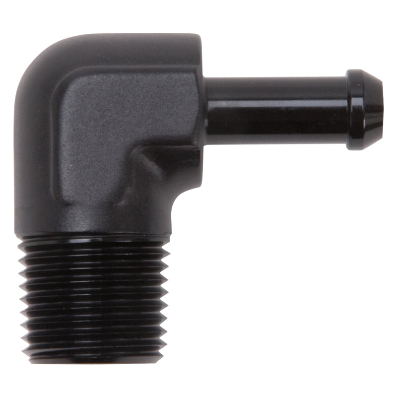 Edelbrock 8169 Hose End 90-Deg 1/2In NPT to 3/8In Barb Black Anodize