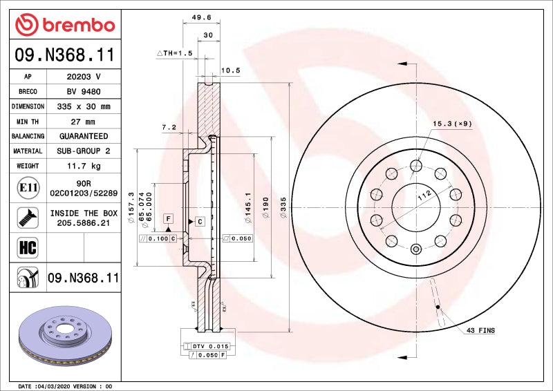 Brembo OE 09.N368.11 21 22 fits Lexus ES250/19-22 Lexus ES300h/19-22 Lexus ES350