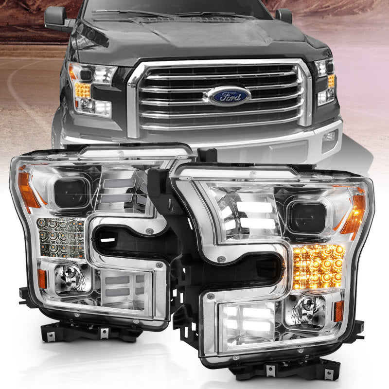 ANZO 111409 fits Ford 15-17 F-150 Proj Headlights w/ Plank Style Design Chrome w/ Amber Sequential Turn Signal