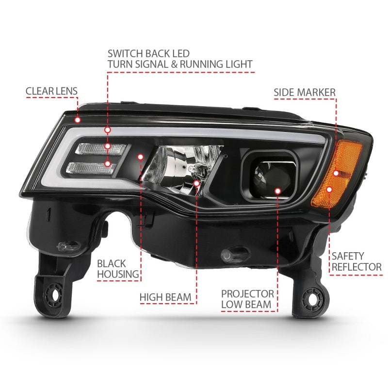 ANZO 111419 2018 fits Jeep 17-20 Grand Cherokee Projector Headlights w/ Plank Style Switchback - Chrome w/ Amber