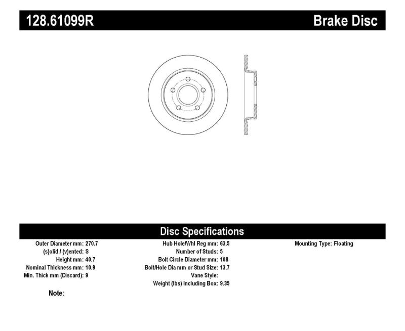 Stoptech 128.61099R 13 Ford Focus ST Drilled Right Rear Rotor