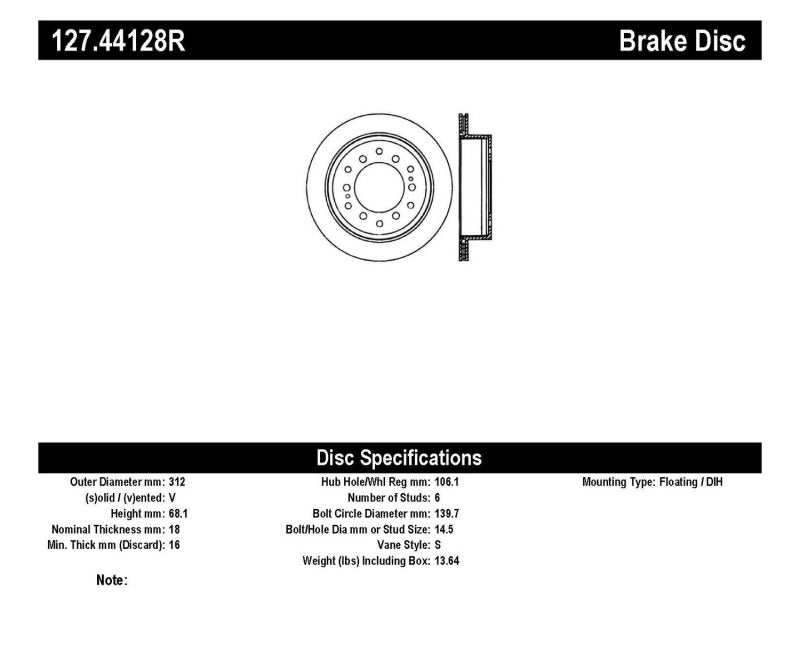 Stoptech 127.44128R Power Slot 03-09 Toyota 4 Runner / 03-09 Lexus GX470 Drilled & Slotted Right Rear Rotor