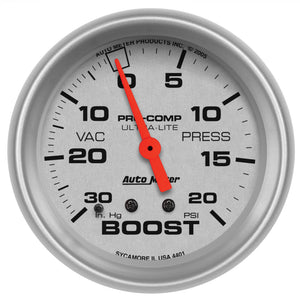 AutoMeter 4401 Autometer Ultra-Lite 66.7mm Full Sweep Electronic 30 IN Hg / 20 PSI Vacuum/Boost Gauge