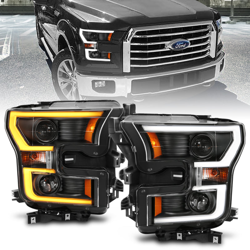 ANZO 111357 2017 fits Ford 15-20 F-150 Projector Headlights w/ Plank Style Switchback Black w/ Amber