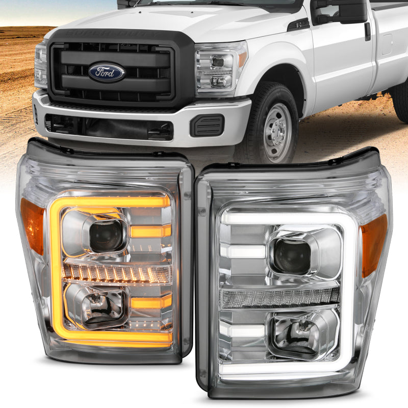 ANZO 111407 fits Ford 11-16 F-250/F-350/F-450 Projector Headlights w/ Plank Style Switchback Chrome w/Amber