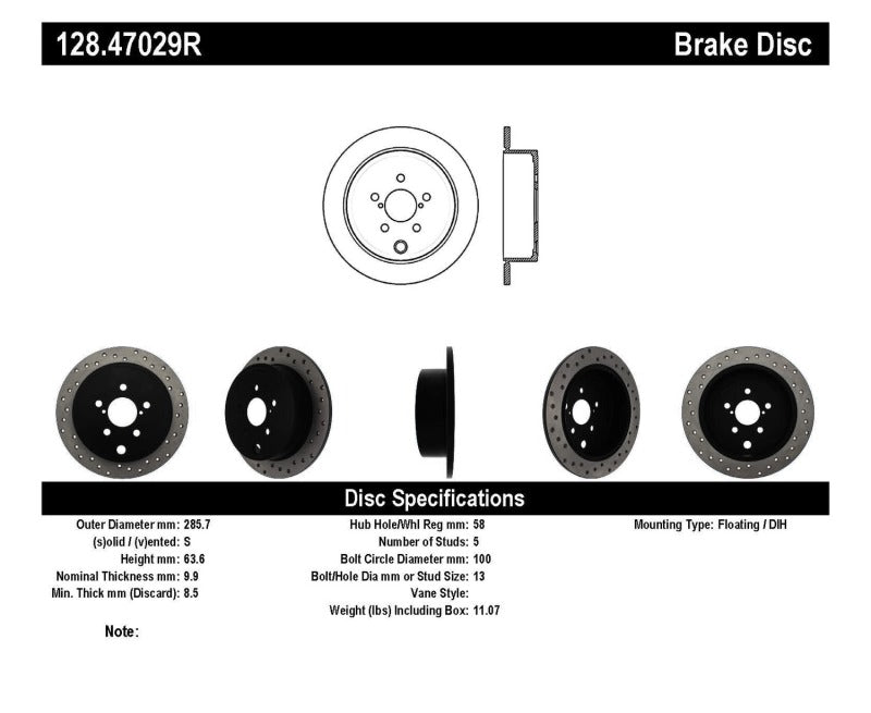 Stoptech 128.47029R 08-10 WRX Drilled Right Rear Rotor