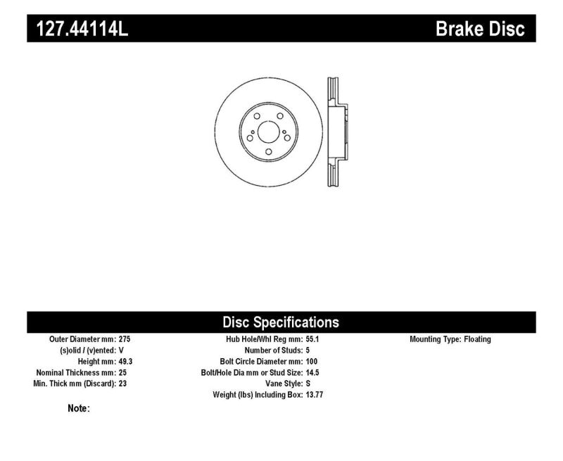 Stoptech 127.44114L 03-08 Pontiac Vibe / 05-09 Scion tc Left Front Slotted & Drilled Rotor