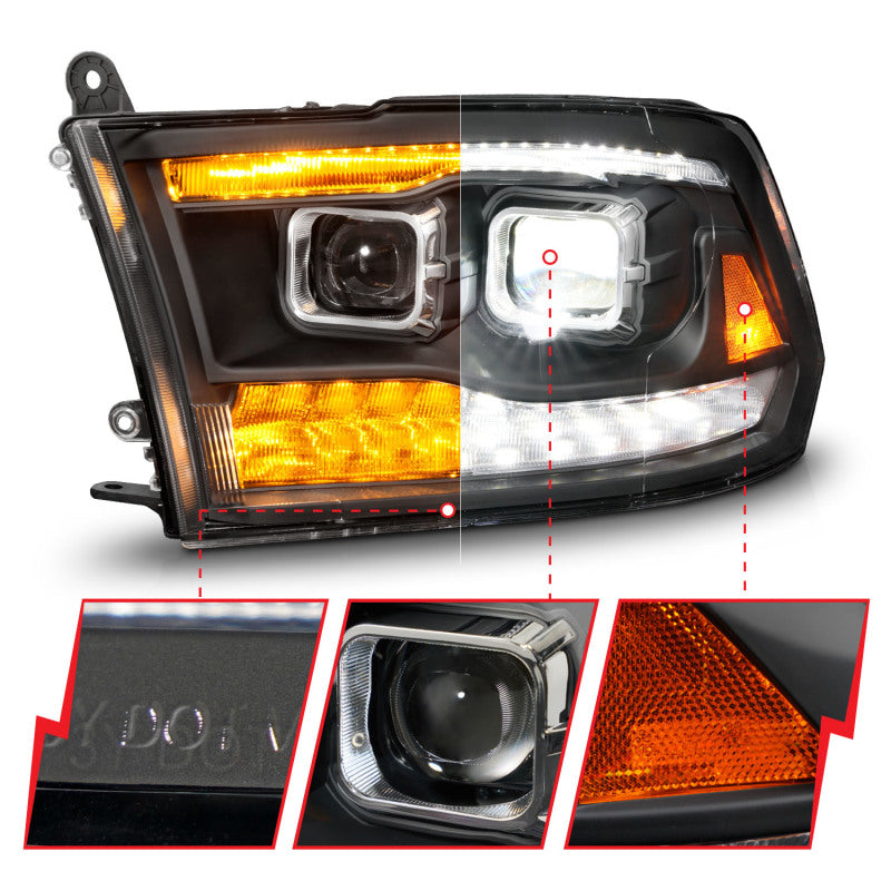 ANZO 111595 fits Dodge 09-18 Ram 1500/2500/3500 Full LED Proj Headlights w/Switchback Light Bar - Black