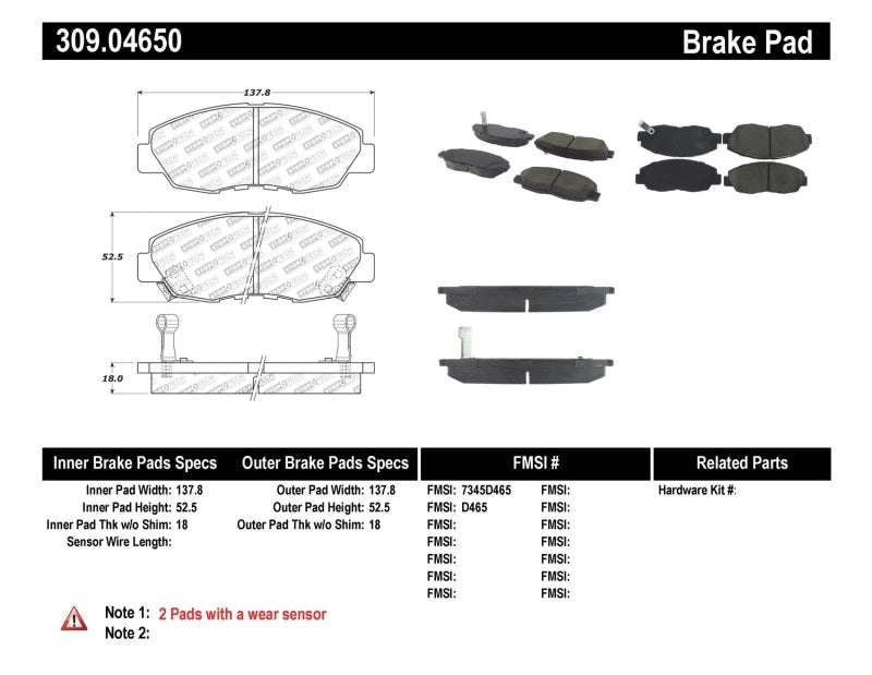 Stoptech 309.0465 Performance 97-99 Acura CL / 94-97 Honda Accord Coupe / 90-97 Accord Sedan Front Brake Pad