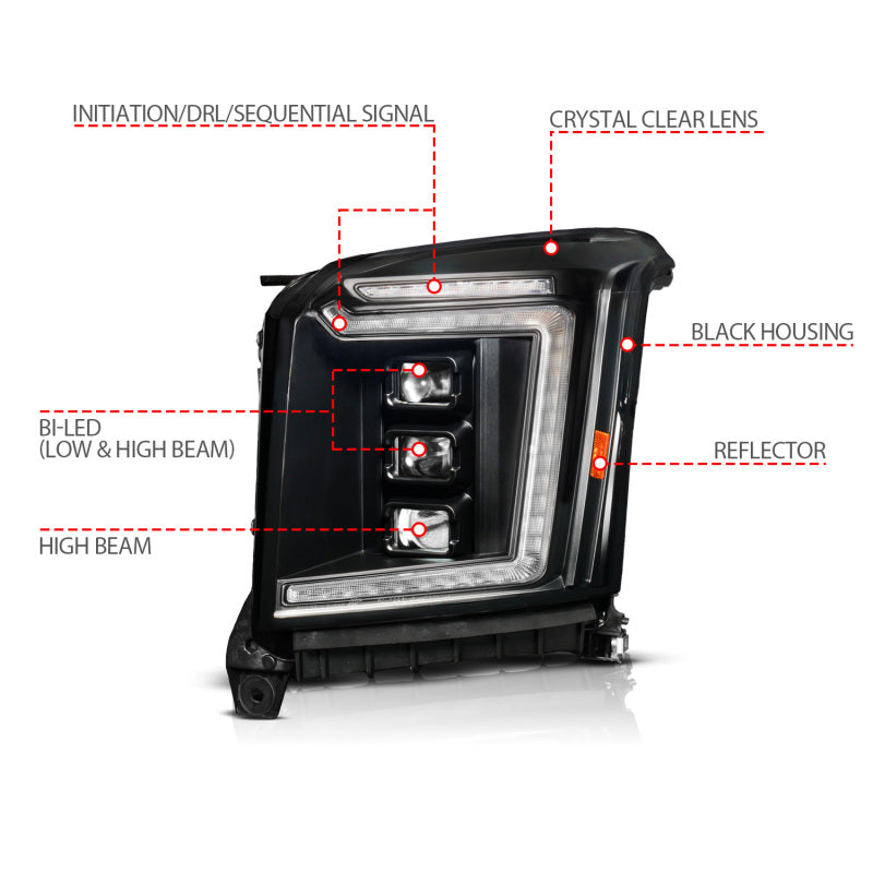 ANZO 15-20 GMC Yukon (Incl XL - Factory Halogen Models) Full LED Proj Headlights Black - Driver Side