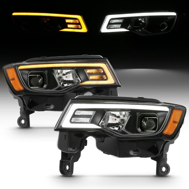 ANZO 111419 2018 fits Jeep 17-20 Grand Cherokee Projector Headlights w/ Plank Style Switchback - Chrome w/ Amber