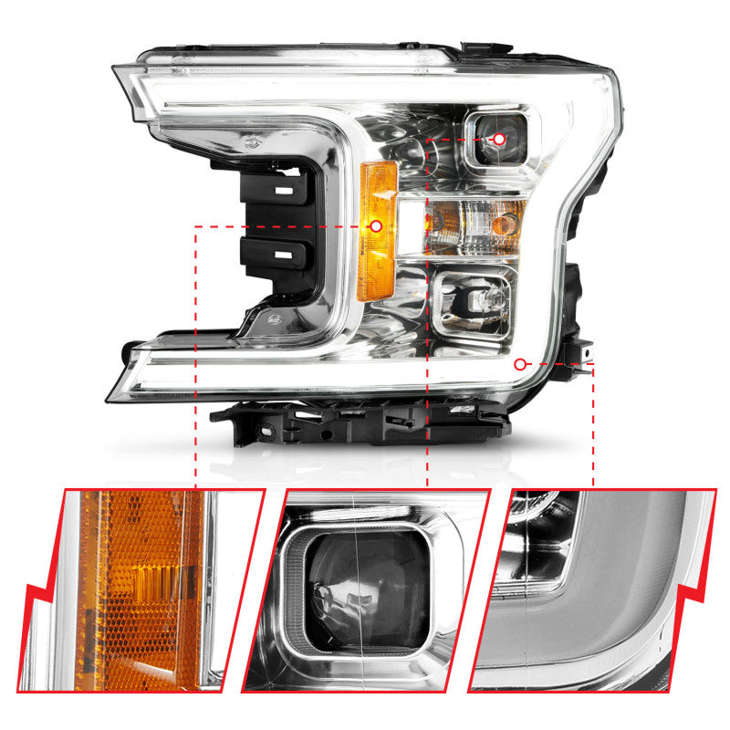 ANZO 111399 fits Ford 18-19 F-150 Projector Headlights w/Plank Style Switchback Chrome w/Amber