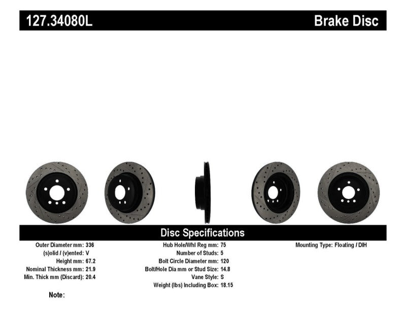 Stoptech 127.34080L 06 fits BMW 330 / 07-09 BMW 335 Slotted & Drilled Left Rear Rotor