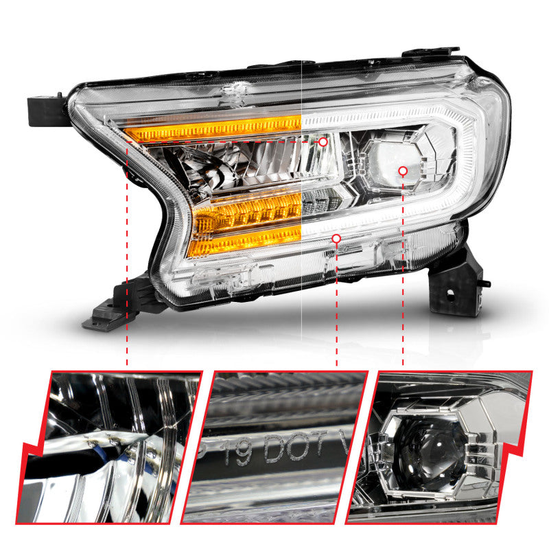 ANZO 111614 fits Ford 19-23 Ranger Full LED Projector Headlights w/ Initiation & Sequential - Chrome