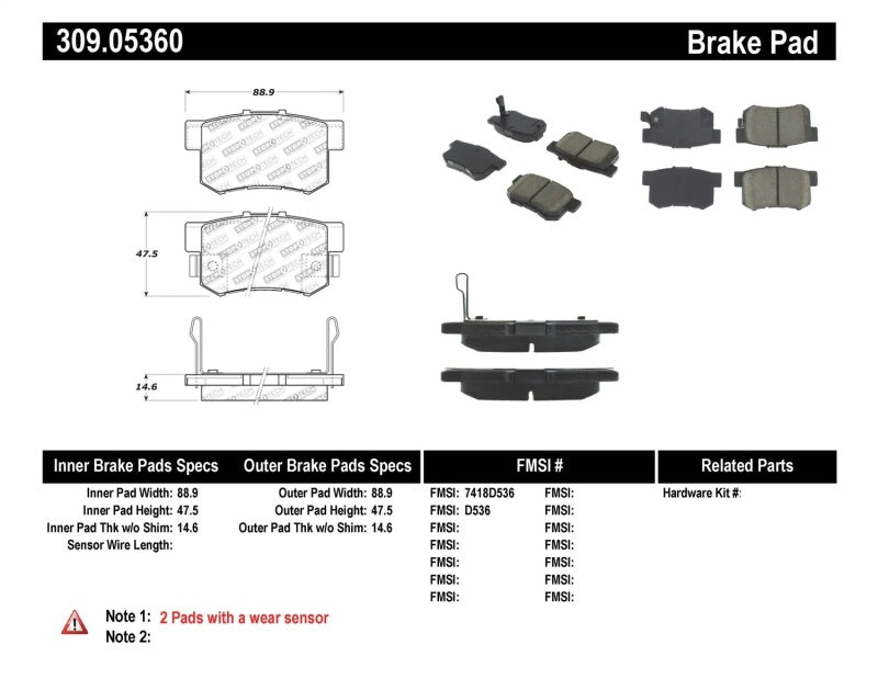 Stoptech 309.0536 Performance 08-10 fits Honda Accord EX/EX-L Coupe / 08-10 LX/LX-P/LX+ Sedan Rear Brake Pads