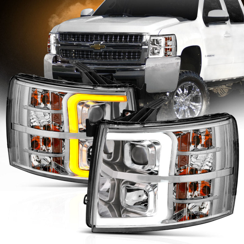 ANZO 111411 fits Chevrolet 07-13 Silverado 1500/2500/3500 Proj Headlights w/ Plank Style Switchback Chrome w/Amb