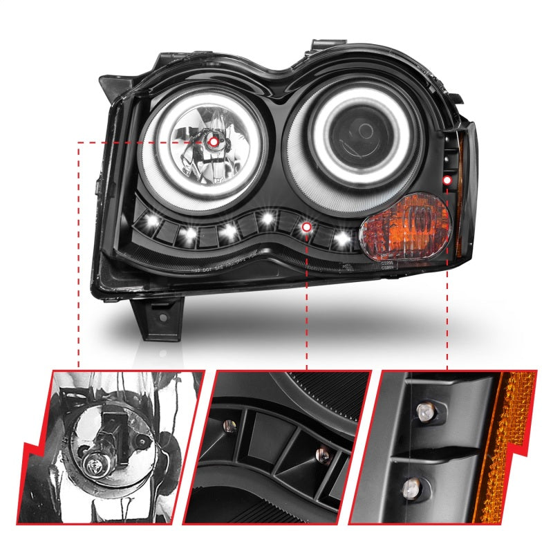 ANZO 111213 2010 fits Jeep 08-20 Grand Cherokee Projector Headlights w/ Halo Black (CCFL)