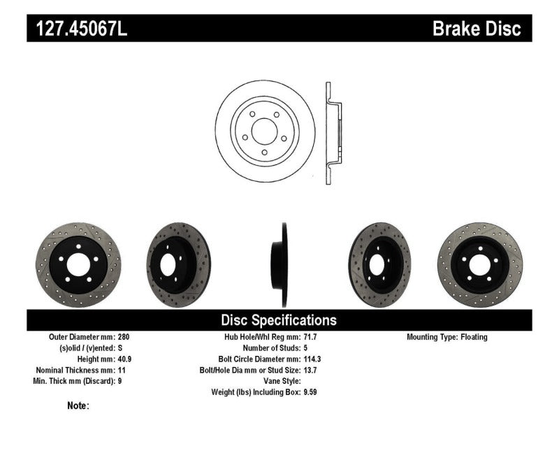 Stoptech 127.45067L 04-10 Mazda3 Slotted & Drilled Left Rear Rotor