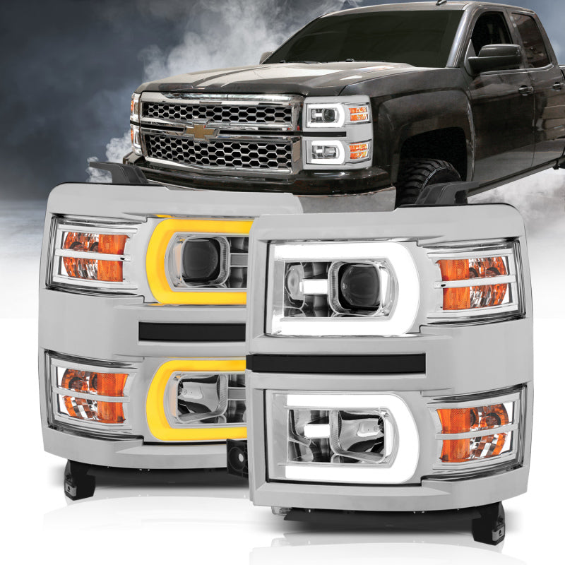 ANZO 111413 fits Chevrolet 14-15 Silverado 1500 Projector Headlights w/ Plank Style Switchback Chrome w/ Amber