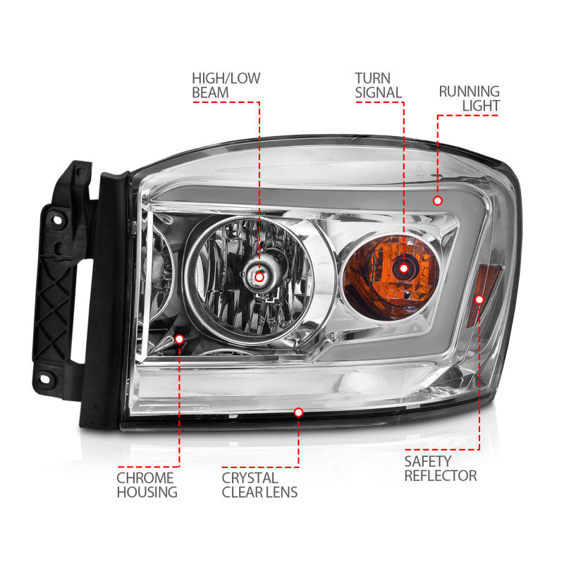 Anzo 111527 06-09 fits Dodge RAM 1500/2500/3500 Headlights Chrome Housing/Clear Lens (w/Switchback Light Bars)