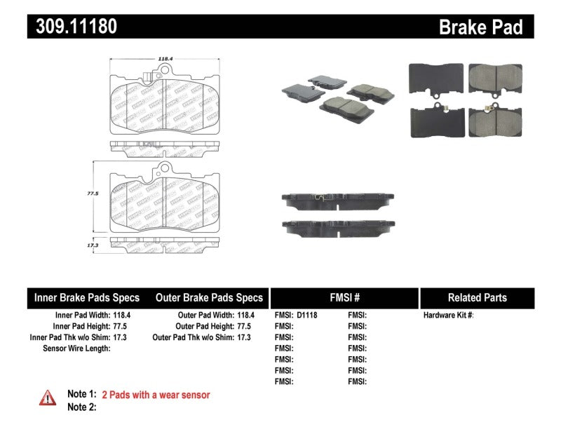 Stoptech 309.1118 Performance 06 fits Lexus GS300/430 / 07-08 GS350 / 06-08 IS350 Front Brake Pads