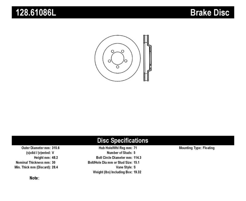 Stoptech 128.61086L Power Slot 05-10 fits Mustang GT V8-4.6L Front Left Drilled Rotor