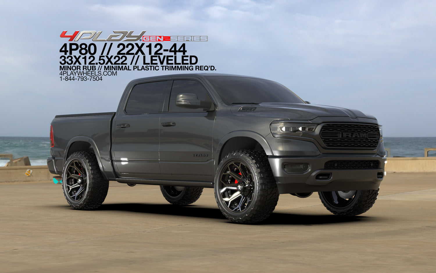 4PLAY 4P80R-22120-6D55-44BBT Gen2 22x12 6x135mm & 6x5.5" -44et in Brushed Black
