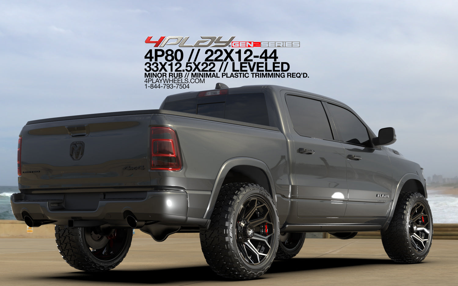 4PLAY 4P80R-22120-6D55-44BBT Gen2 22x12 6x135mm & 6x5.5" -44et in Brushed Black