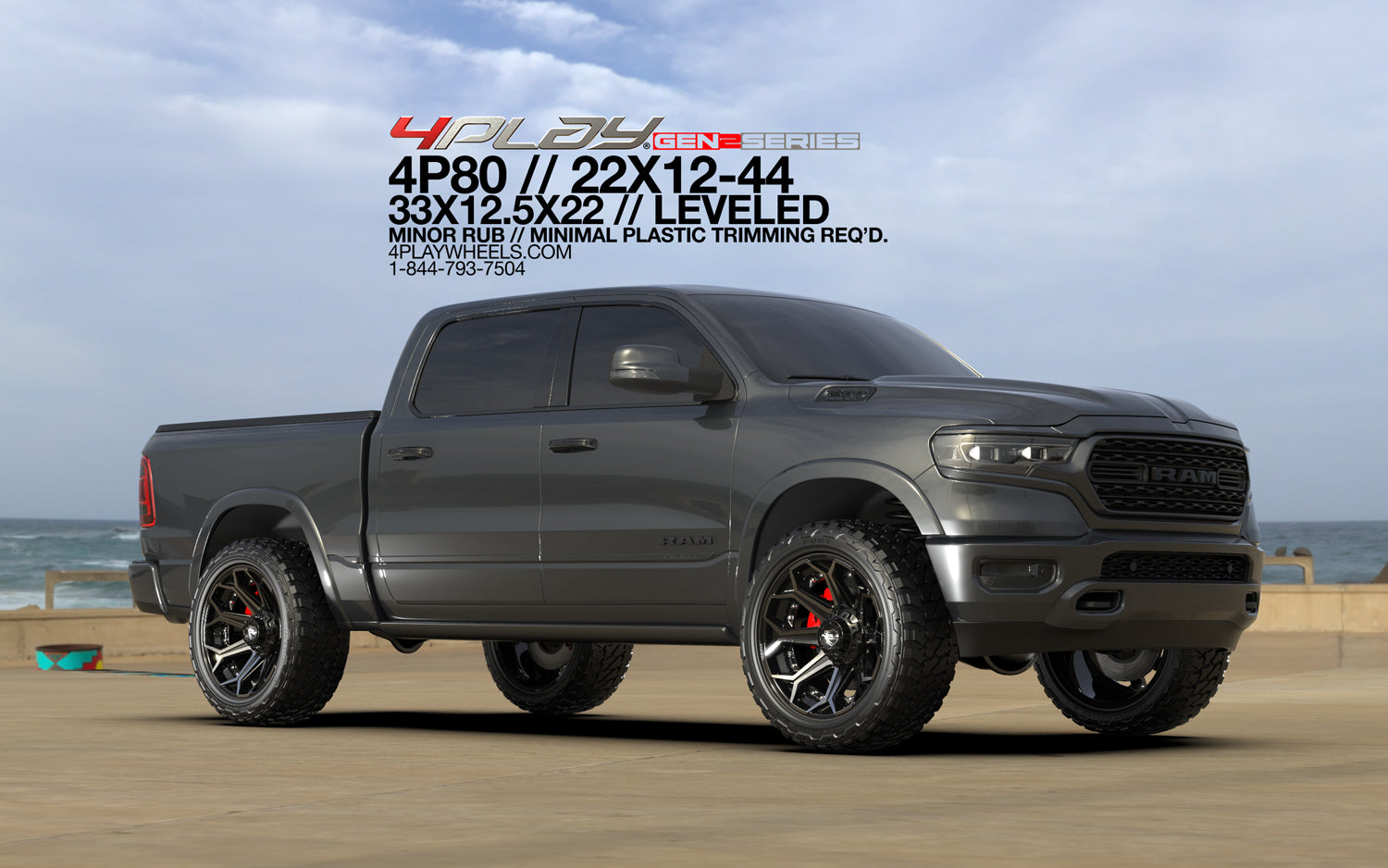 4PLAY 4P80R-22120-6D55-44BBT Gen2 22x12 6x135mm & 6x5.5" -44et in Brushed Black