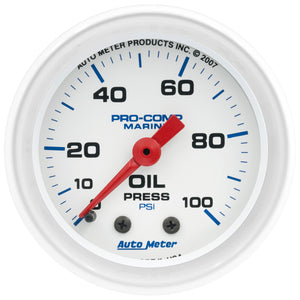 AutoMeter 200790 Autometer Marine White 2 1/16in 100 psi Mechanical Oil Pressure Gauge