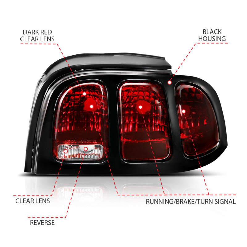 ANZO 321350 1998 fits Ford 94-19 Mustang Taillight Dark Red Lens (OE Style)