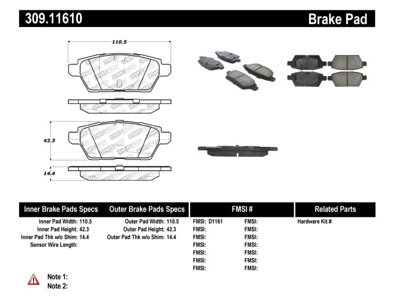 Stoptech 309.1161 Performance 06-07 Mazdaspeed 6 Rear Brake Pads