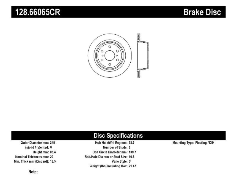 Stoptech 128.66065CR Drilled Sport Cryo Brake Rotor Right Rear 07-16 Chevy Silverado 1500