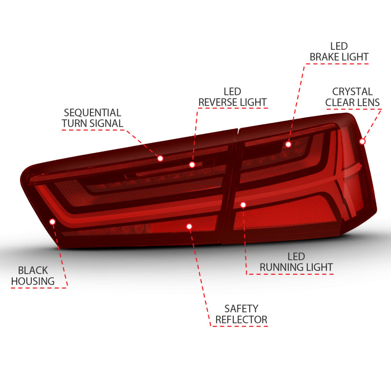 ANZO 321353 2018 fits Audi 12-20 A6 LED Taillight Black Housing Red/Clear Lens 4 pcs (Sequential Signal)