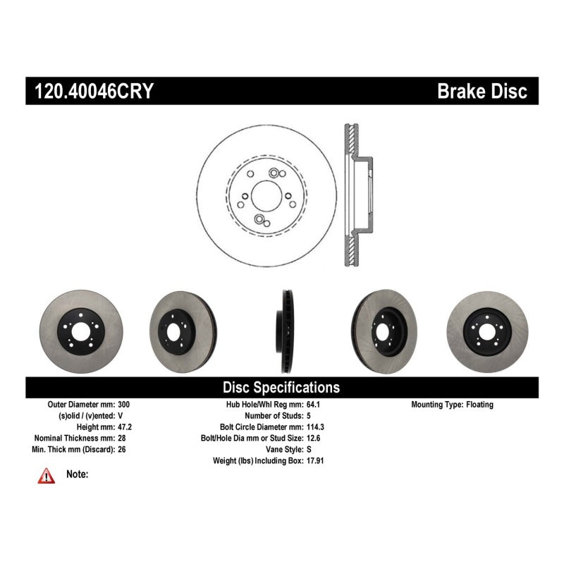 Stoptech 120.40046CRY 04-10 fits Acura TSX / 01-03 CL / 01-06 MDX / 05-10 Accord SEDAN Front Performance CRYO Rotor