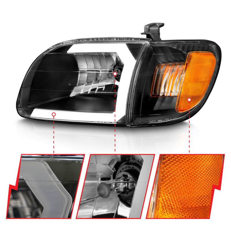 ANZO 111579 fits Toyota 00-04 Tundra (Fits Reg/Acc Cab Only) Crystal Headlights w/Light Bar Black w/Corner Light