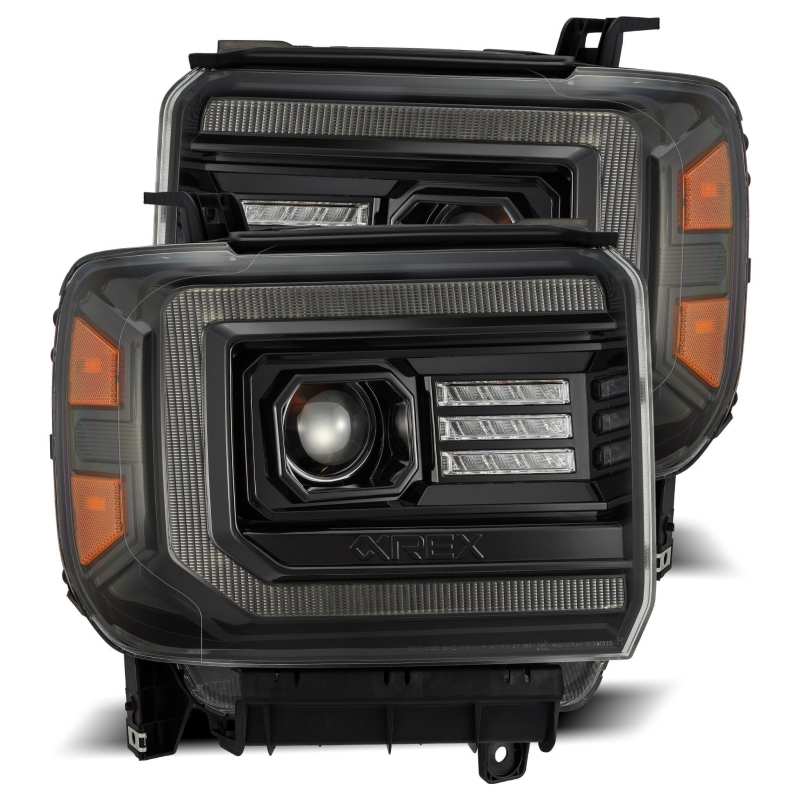 AlphaRex 880614 fits GMC 14-18 Sierra LUXX LED Proj Headlights Plnk Style Alpha Blk w/Activ Light/Seq Signal/DRL