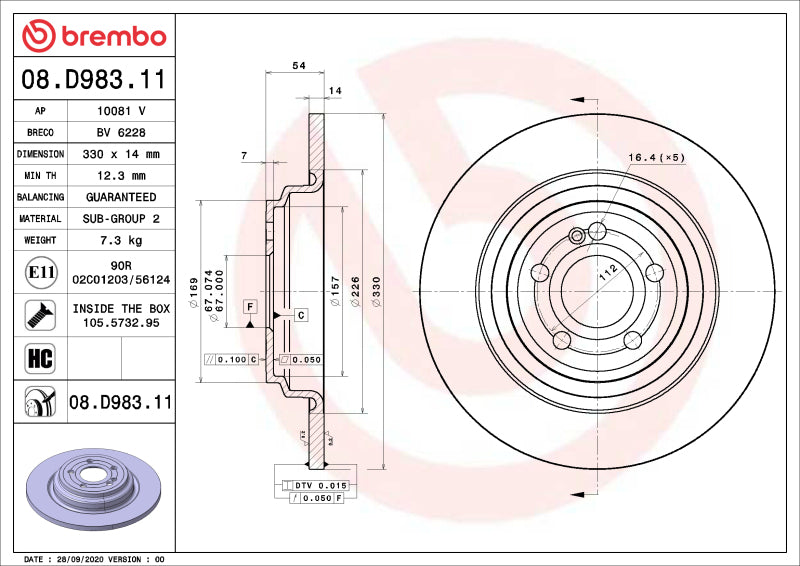 Brembo OE 08.D983.11 16 17 fits Honda Accord/16-22 Civic/19-22 Insight Front UV