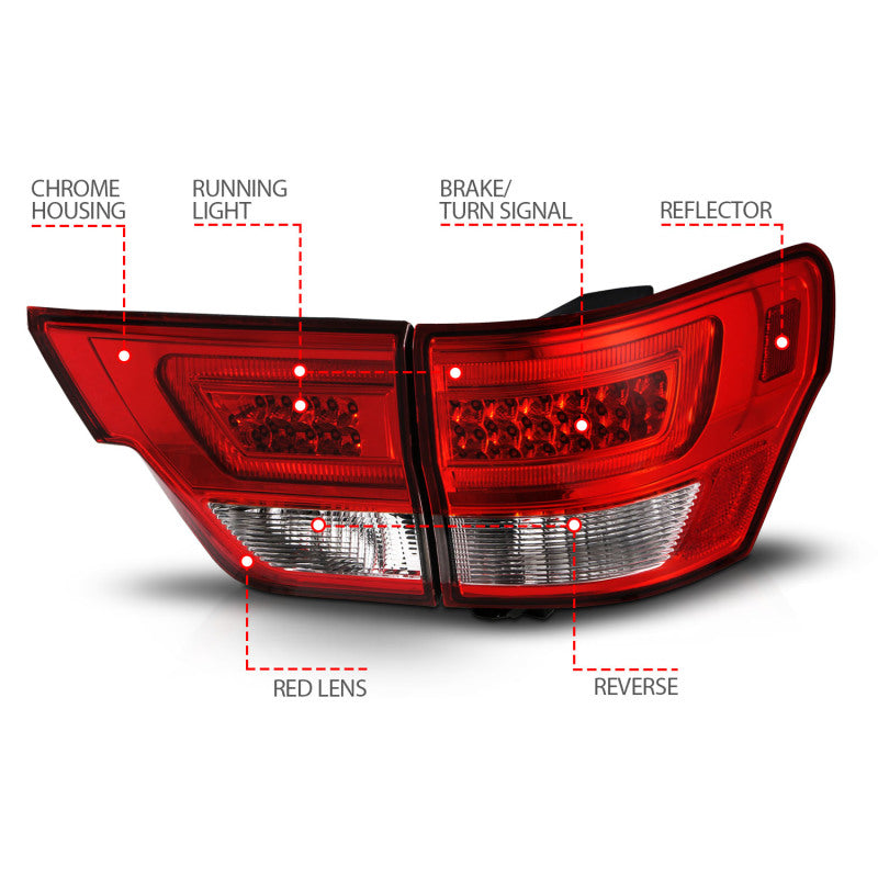 ANZO 311442 fits Jeep 11-13 Grand Cherokee LED Taillights w/ Lightbar Chrome Housing Red/Clear Lens 4pcs