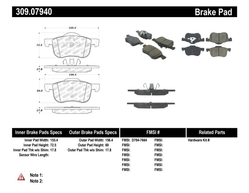 Stoptech 309.0794 Performance 01-09 Volvo S60 / 99-06 S80 / 01-07 V70/V70R Front Brake Pads
