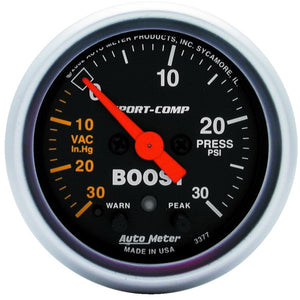 AutoMeter 3377 Autometer Sport-Comp 52mm 30 PSI Electronic Peak Memory/Warning Boost Gauge