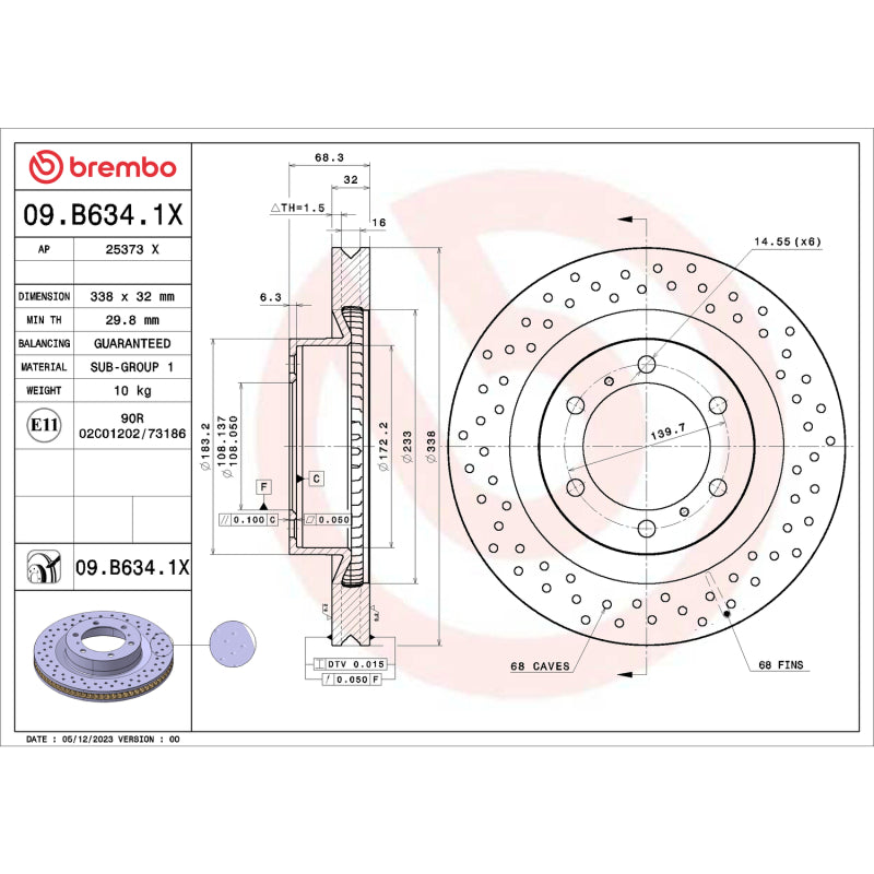 Brembo OE 09.B634.1X 10 20 fits Lexus GX460 / 10-20 Toyota 4Runner Drilled Xtra