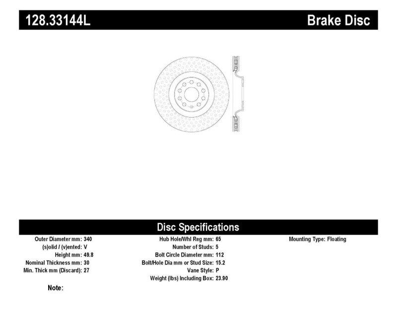 Stoptech 128.33144L Drilled Sport Brake Rotor