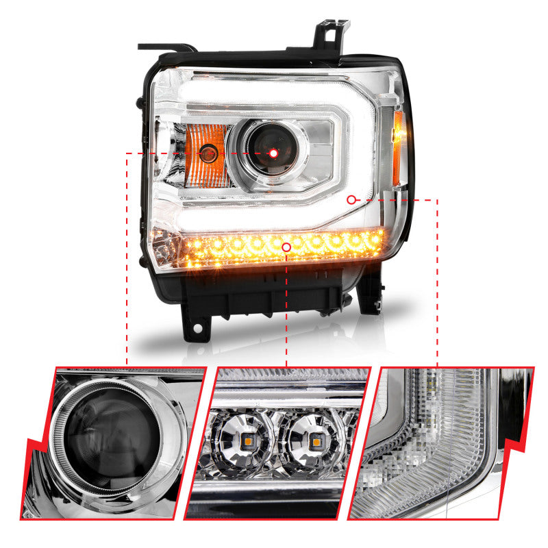 ANZO 111514 2015 Gmc Sierra 1500 Projector Headlights w/ Light Bar Chrome Housing (Halogen Type)