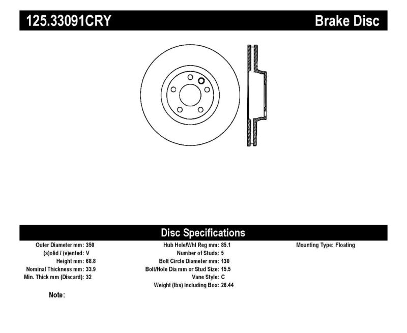 Stoptech 125.33091CRY Centric Premium 03-18 Porsche Cayenne Front Right CRYO-STOP Rotor
