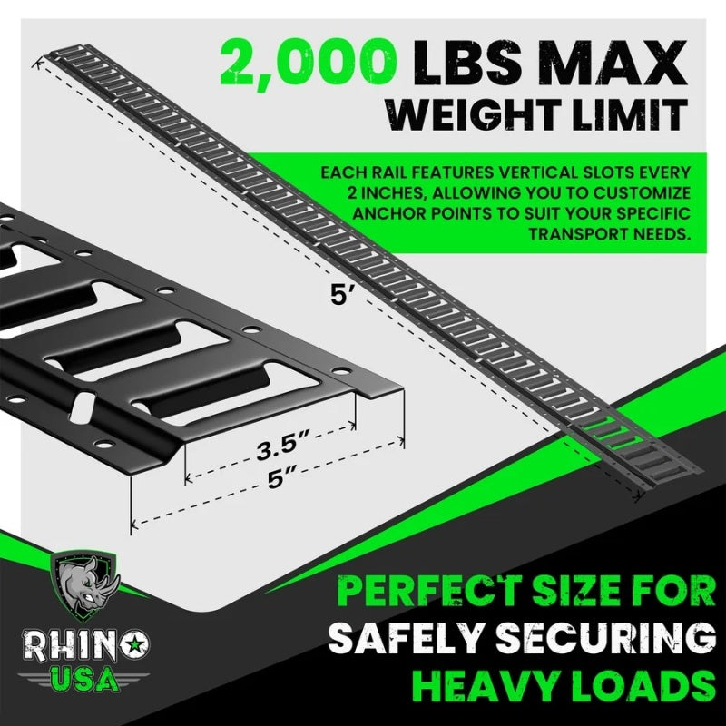 Rhino USA TD-ETRAIL5-2PK-BLK 5Ft E-Track Tie-Down Rails, Black (2 Pack)