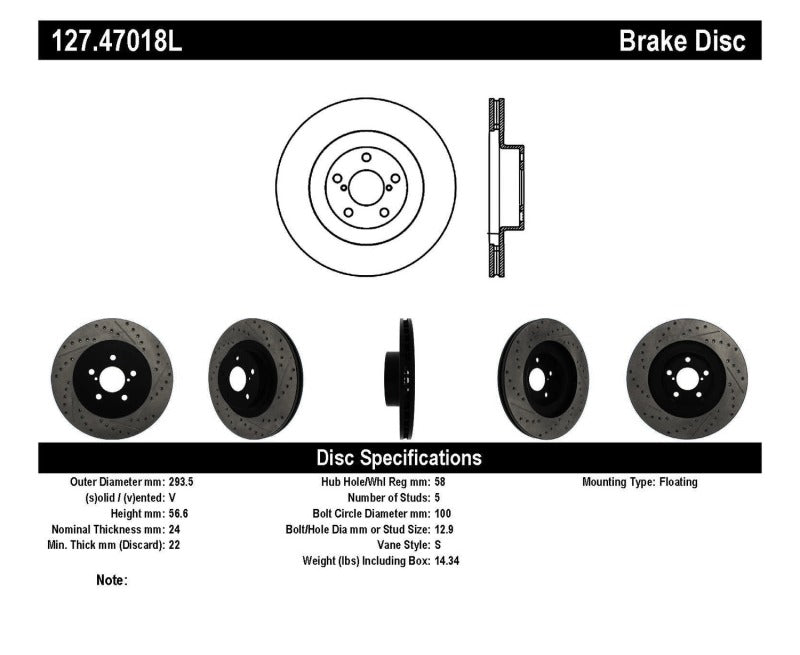 Stoptech 127.47018L 02-10 fits Subaru WRX Slotted & Drilled Left Front Rotor (exc. STi)